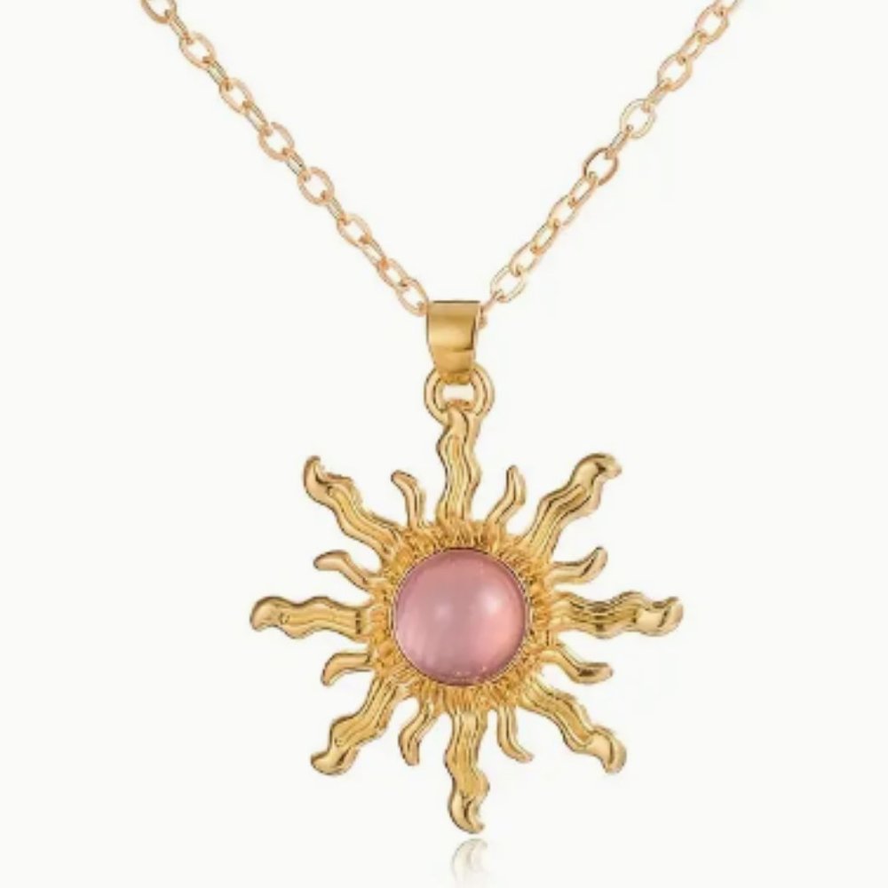 Pink Opalite Moonstone Sun Shape Gold Chain - Necklace